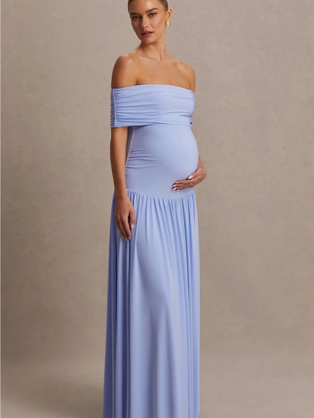 Off-Shoulder Maternity Maxi Dress in Light Periwinkle